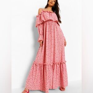 NWT BOOHOO Pink Floral Ruffle Cold Shoulder Maxi Dress, Size 14
